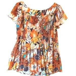 Women's Colorful Floral Print Accordion Pleated Button Closure Smocked Top 18/20